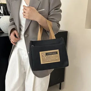 Japanese Minimalist Canvas Handbag For Women Casual Zipper Small Tote Bag For Office Commuter Lunch Bag With Letter Patch