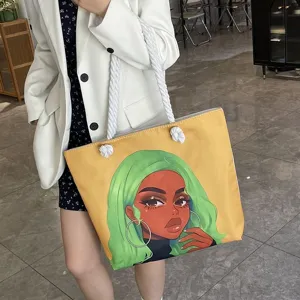 Bolso tote de lona amarilla con estampado de chica y asas de cuerda gruesa para mujer
