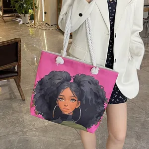 Elegante bolso tote rosa con ilustración de niña negra y asas de cuerda gruesa