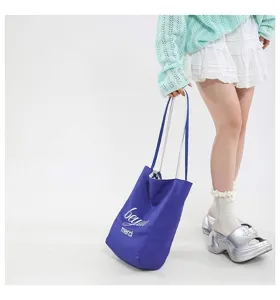 Bolso tote de lona azul con gran capacidad y estampado de letras para compras casuales