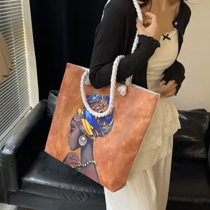 Bolso tote étnico grande con estampado de chica africana y asas de cuerda gruesa