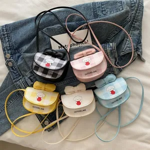 Minibolso de Bandolera a Cuadros para Mujer con Estampado de Perro Animado de Cuero PU con Lazo Moda Bolso Cuadrado Pequeño