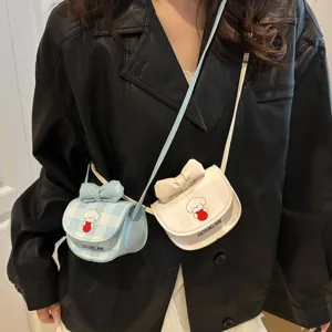 Mini bolso bandolera de cuadros con estampado de perro de dibujos animados y lazo decorativo