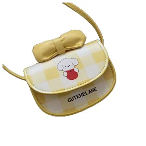 Mini bolso bandolera de cuadros amarillos con dibujo animado de perro y lazo decorativo