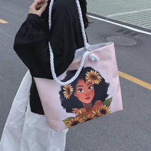 Elegante bolso tote rosa con estampado de chica negra y girasoles y asa de cuerda blanca