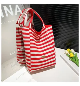 Bolso tote de lona a rayas rojas y blancas de gran capacidad para el uso diario casual