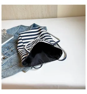 Bolso tote de lona a rayas azules y blancas con gran capacidad de almacenamiento
