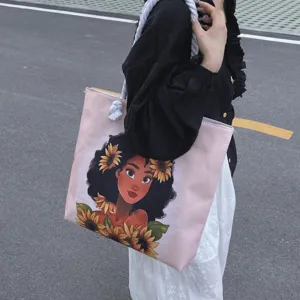 Elegante bolso tote rosa con estampado de chica negra y girasoles con asas de cuerda gruesa