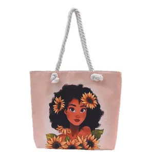 Elegante bolso tote de lona rosa con estampado de chica negra y girasoles, asa cuerda