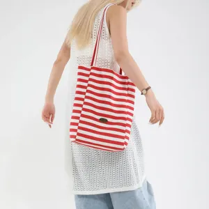Bolso Tote de Lona a Rayas para Mujer Gran Capacidad Bolso de Hombro Casual Impresión de Letras Bolsa de Compras de Tela Reutilizable