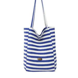 Bolso tote de lona a rayas azules y blancas de gran capacidad para ir de compras