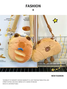 Two cute Capybara plush crossbody bags designed in bread bun and croissant shapes