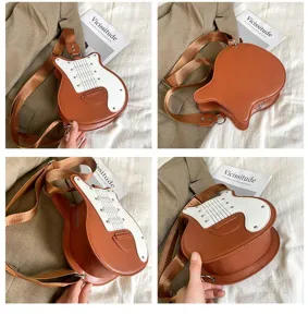 Detail view showing different angles of the unique guitar-shaped crossbody bag in brown finish