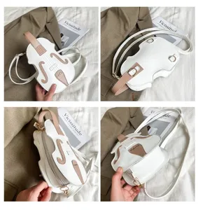 Detailed views of the white violin-shaped multi-functional crossbody bag for women.