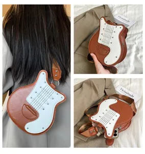 Guitar-shaped crossbody bag shown in model use and flat lay with phone capacity detail