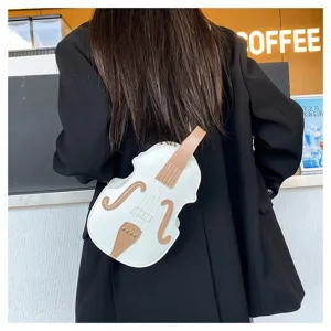 Detailed back view of a creative violin-shaped crossbody bag in white and brown.
