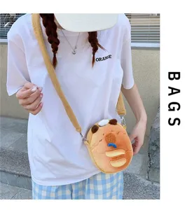 Detailed view of cute plush Capybara crossbody bag worn by a student model
