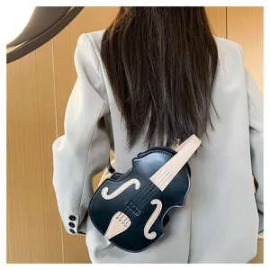 Back view of a woman wearing a stylish violin-shaped black and beige crossbody bag