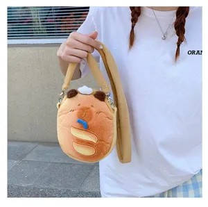 Detail view of a plush capybara crossbody bag with a cute bread-inspired design.