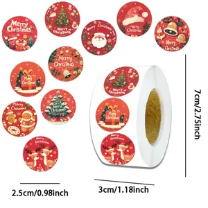 Gedetailleerd overzicht van kerststickers met 8 ontwerpen en afmetingen