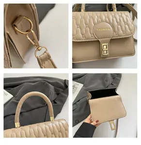 Vistas detalladas del bolso cuadrado bordado beige con herrajes dorados