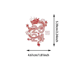 Detailed size diagram of red 2024 Year of the Dragon sticker, 5.39cm by 4.61cm size info