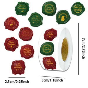 Rol kerststickers in lakzegelstijl met de afmetingen 2.5cm 3cm 7cm weergegeven