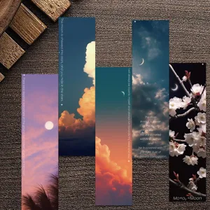 Detailed view of scenic bookmarks featuring sunset clouds and inspirational moon quotes