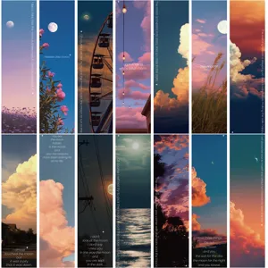 Detailed view of sunset landscape bookmarks with poetic English quotes for reading.