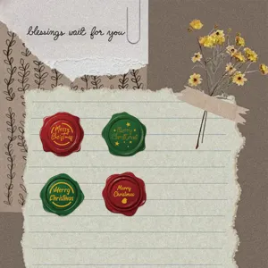 Gedetailleerde weergave van vintage kerststickers in zegelvorm voor geschenkverpakking