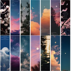 Collection of artistic bookmarks with scenic moon and sunset photography and quotes