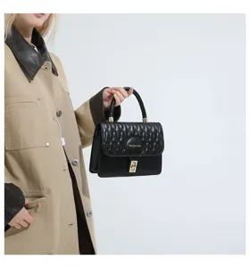 Vista de cerca de un bolso cuadrado negro bordado con elegante hebilla dorada.