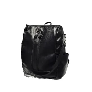 Moderner Damenrucksack aus weichem schwarzem Kunstleder mit großem Fassungsvermögen und Gurten