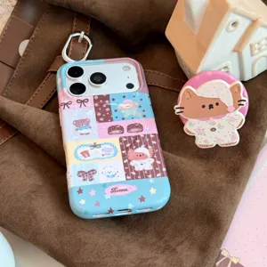 Detailed view of cute cat illustration and patchwork patterns on a soft iPhone case