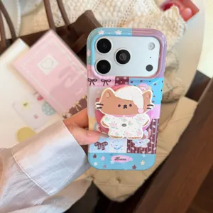 Detailed view of cute cartoon cat illustration iPhone case with matching pop-socket grip