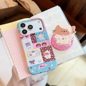 Detail view of the ragdoll cat illustration phone case and matching magnetic stand set.