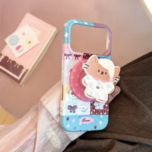Close-up of cartoon cat illustration phone case with matching 3D cat phone grip stand.