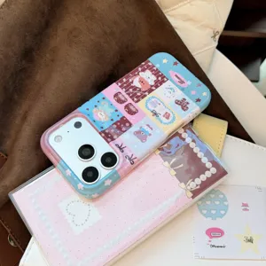 Detailed macro view of cute ragdoll cat and bear illustrations on a premium iPhone case