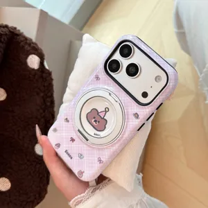 Λεπτομέρεια ροζ καρό θήκης iPhone με σχέδιο αρκουδάκι κινουμένων σχεδίων και μαγνητικό δακτύλιο