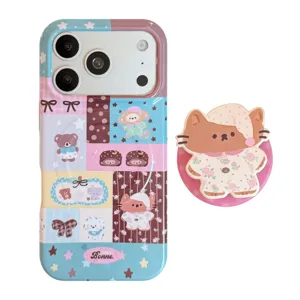 Cute cartoon cat and bear patchwork phone case with matching cat pop socket stand