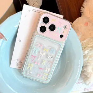 Kawaii Klar TPU Handyhülle Mit Kartensteckplatz Für iPhone 16 15 14 13 Pro Max Buntes Band Schleife Muster Gemalt Soft Cover