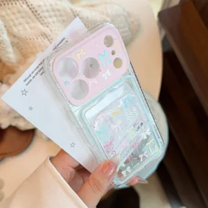 Detailansicht der transparenten iPhone-Hülle mit Schleifenmuster und Kartenfach.