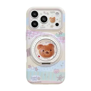Schattige beer brood telefoonhoes met draaibare standaard voor iPhone 15 16 Pro Max