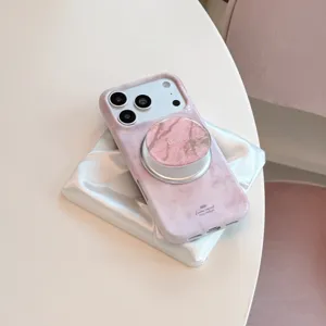 Καλλιτεχνική θήκη iPhone με ροζ μαρμάρινη υφή και λεπτομέρεια μαγνητικής βάσης