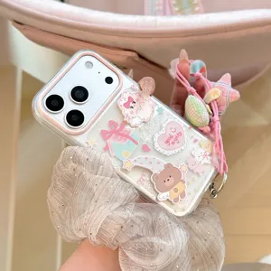 Detailed view of cute 3D cartoon bear and sheep stickers on clear iPhone case