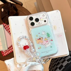 Detailed view of the cute cartoon cat and dog picnic design on a clear protective phone case