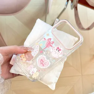 Detail view of cute transparent iPhone case featuring cartoon bear and heart patterns.
