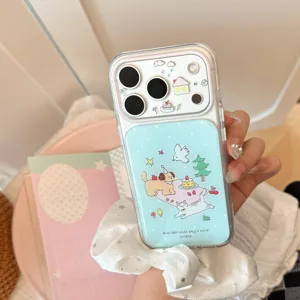 Cute forest picnic cartoon phone case with cat and dog illustration on light blue epoxy