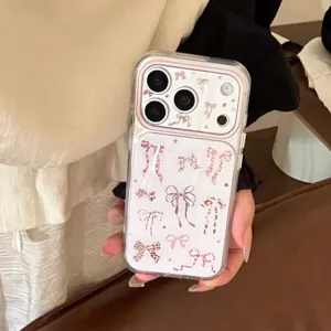 Close-up of a Korean style pink leopard print bow phone case for iPhone with clear back