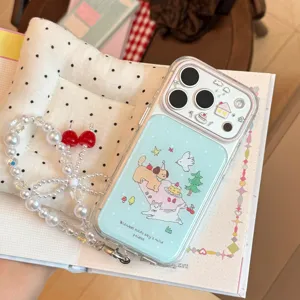 Detail of cute cartoon cat and dog picnic design on soft iPhone case with cherry beads
